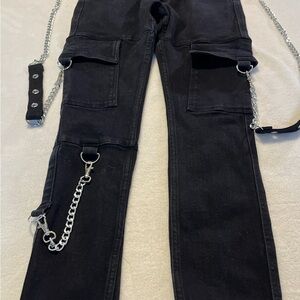 Stylish Black Chain-Accent Straight Leg Jeans